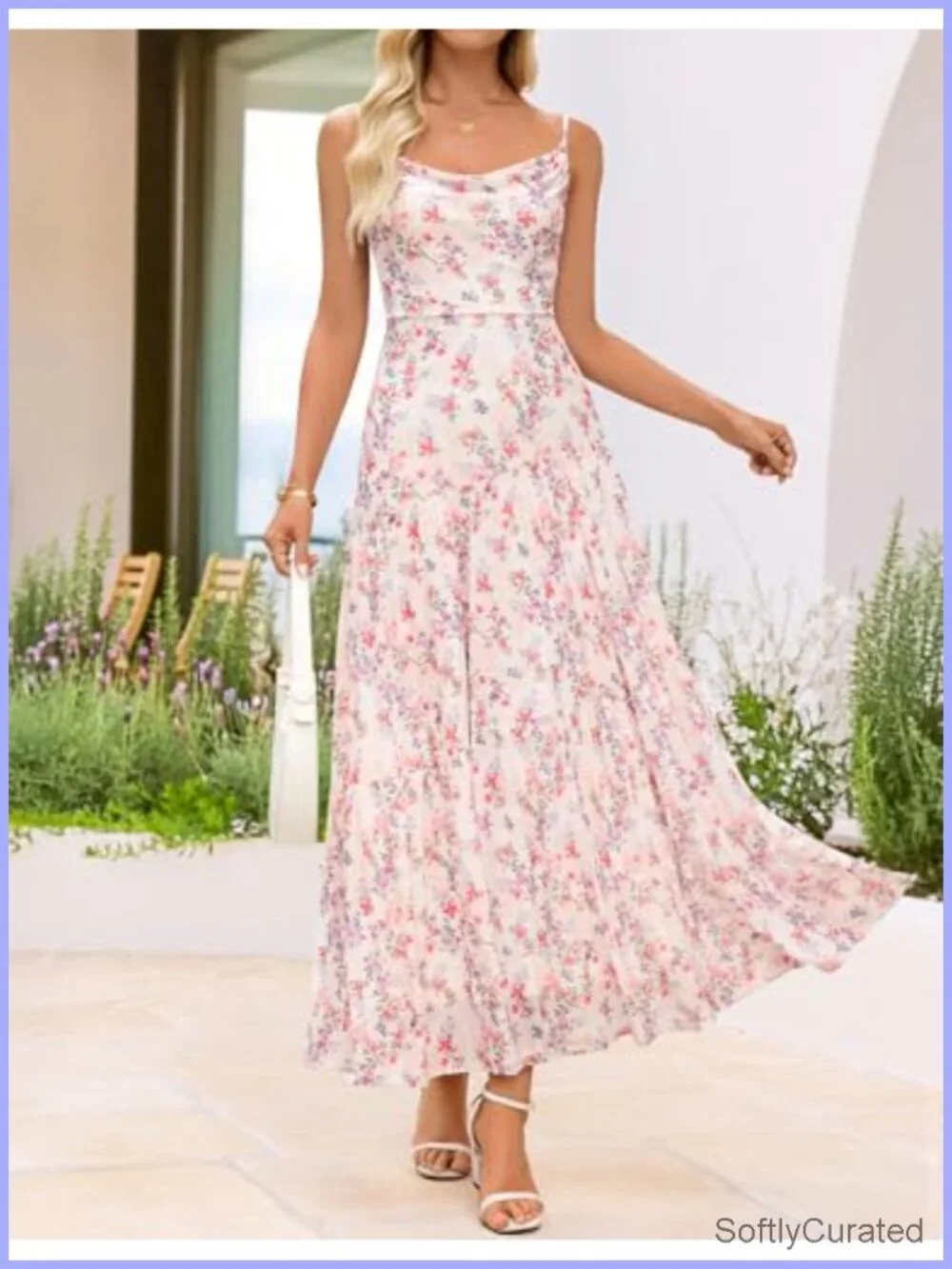 Mesh Floral Sleeveless Spaghetti Strap Cowl Neck Maxi Dress with Lining